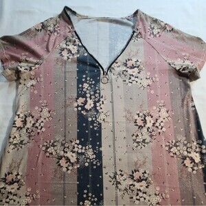 Floral Stripe Blouse XL Multicolor Zipper V-Neck Flowy Short Sleeve Top